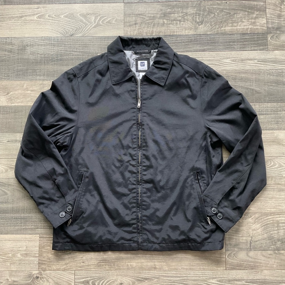 Gap Harrington Jacket Men’s LARGE Black Nylon Full Zip Lined Water Resistant